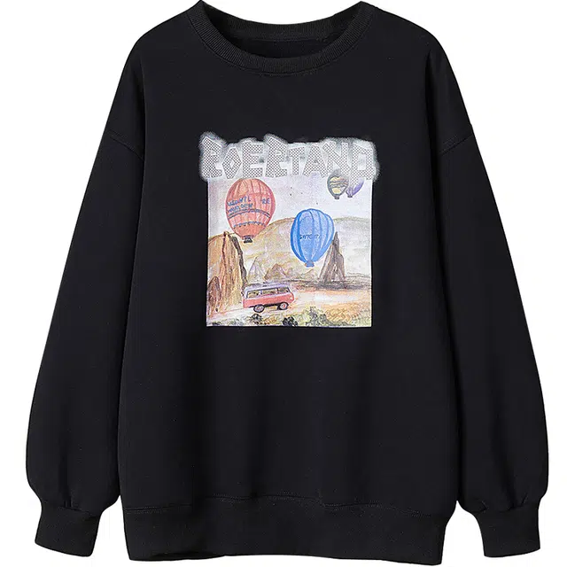 她池 加绒运动休闲字母印花撞色宽松卫衣 女款 黑色