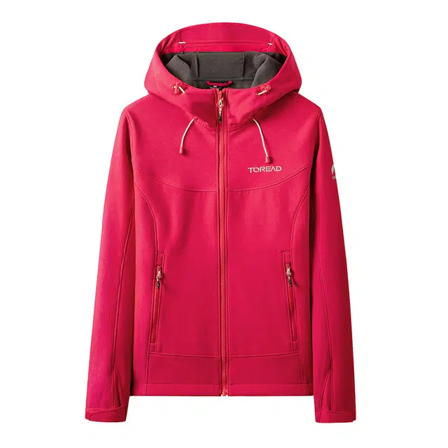 探路者 纯色软壳户外透气加绒开衫拉链连帽夹克外套 女款
