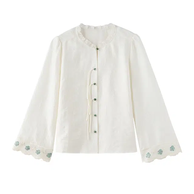 花栗鼠小姐 重工绣花新中式轻国风舒适长袖衬衫 女款 茶白