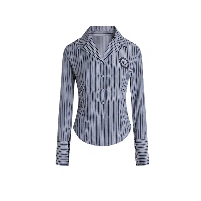 冰淇淋与鲸 复古收腰修身纯欲刺绣打底衫长袖衬衫 女款 蓝