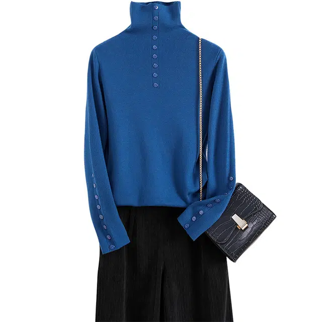 她池 修身打底衫新款高领套头长袖针织衫 女款 墨蓝色