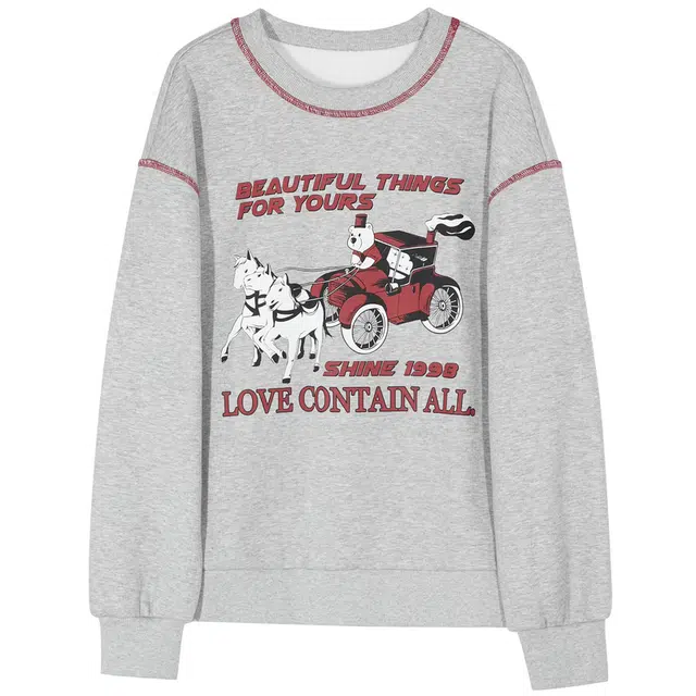 三彩独醒 宽松印花加绒卫衣圆领字母卡通 女款 灰色