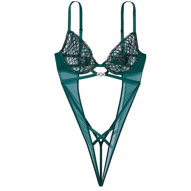 Victoria's Secret VERY SEXY Shimmer Embroidery Crotchless Teddy Green