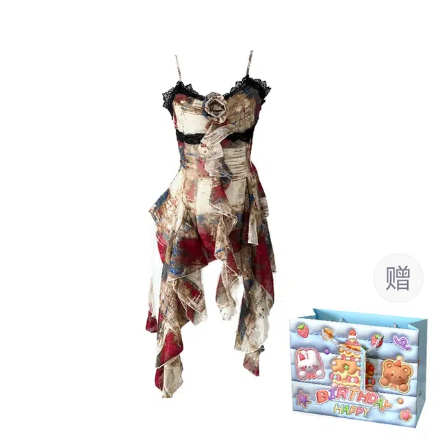轻迎 法式复古辣妹显瘦设计感不规则蕾丝上衣吊带 女款 花色