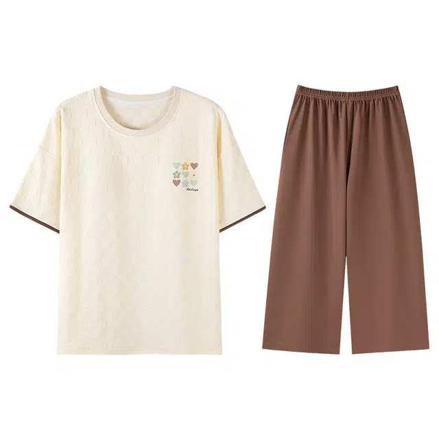 向薇 舒适透气简约圆领短袖可外穿家居服七分裤睡衣套装 女款 图片色