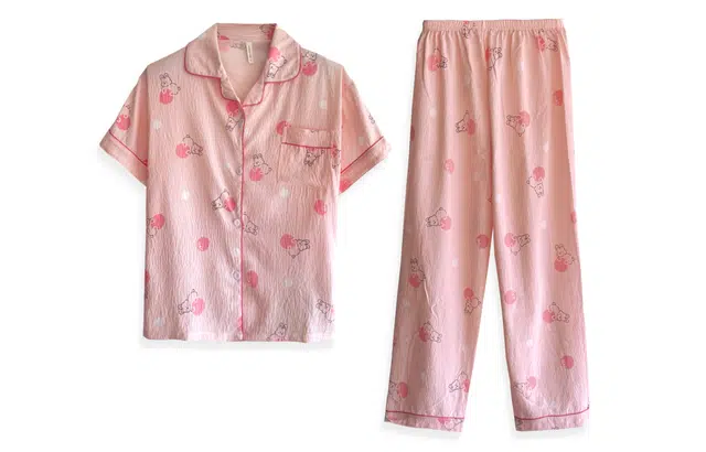 夏芬妍 简约卡通满印波点小兔翻领云朵棉短袖长裤家居服可爱舒适休闲可外穿睡衣套装 女款 粉色