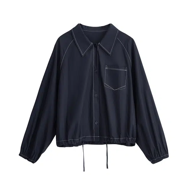 初语 工装风纯棉美式复古单排扣夹克 女款 黑蓝色