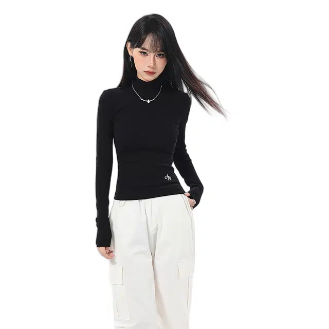 柏黛妃 半高领打底衫修身辣妹短款长袖针织衫 女款 黑色