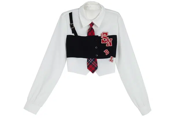 森女部落 原创小众设计感拼接假两件衬衫长袖上衣初秋 女款 白色