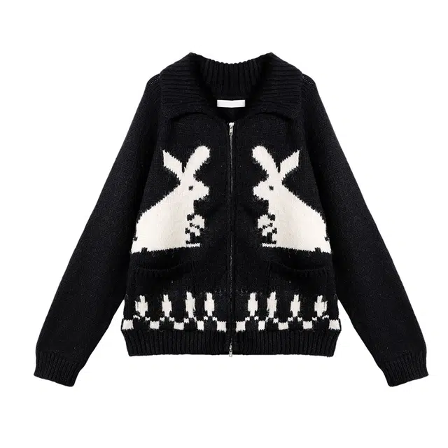 柏黛妃 兔子翻领外穿慵懒加厚拉链开衫外套针织衫 女款 黑色