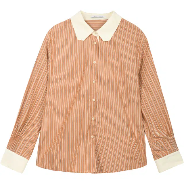 谜秀 法式慵懒宽松条纹设计感舒适不规则撞色翻领长袖衬衫 女款 橘色