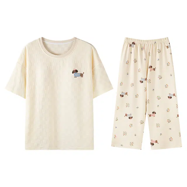 向薇 休闲舒适短袖上衣可外穿家居服七分裤睡衣套装 女款 图片色