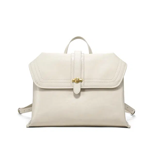 西木汀 达蒙 高级感小众设计个性通勤百搭背包 牛皮 双肩包 中号 女款 深邃黑/米白色