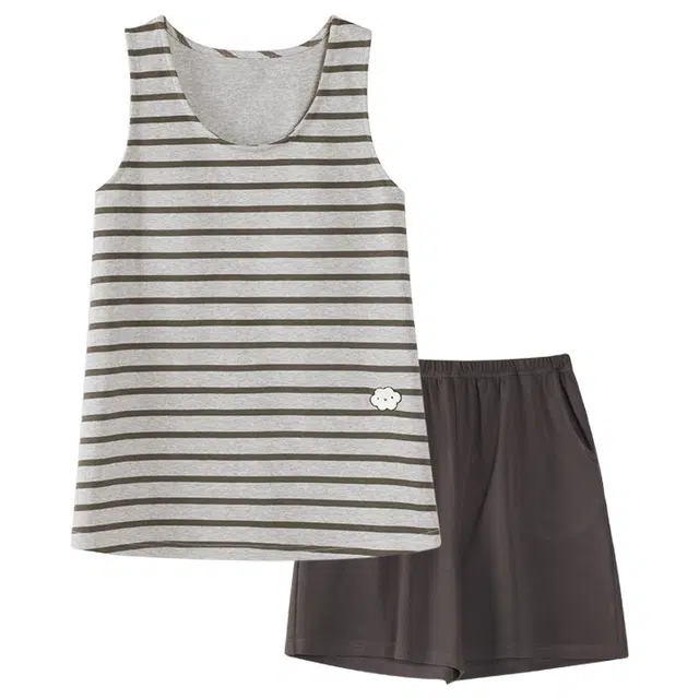 顶瓜瓜 带胸垫圆领条纹背心三分裤休闲舒适两件套家居服睡衣套装 女款 图片色