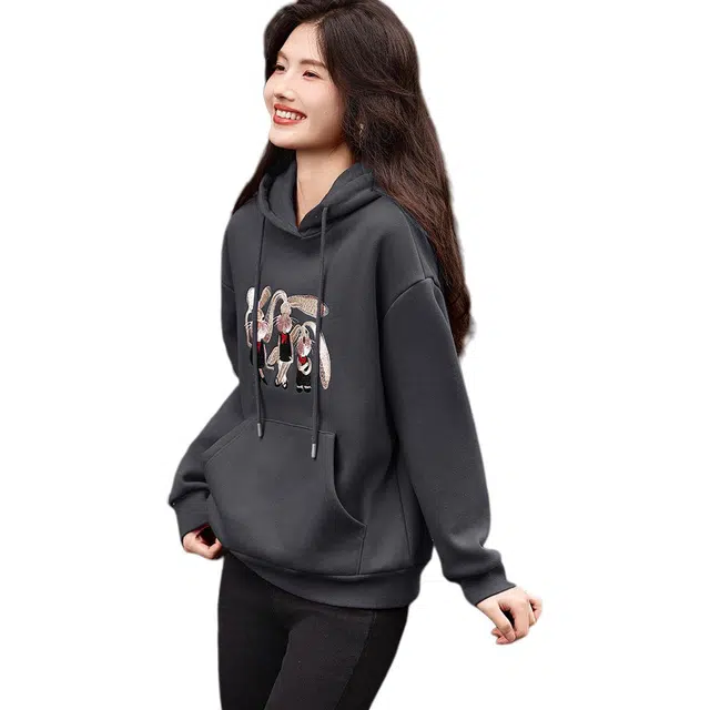 【dme】 连帽休闲宽松加绒加厚卡通印花长袖卫衣 女款