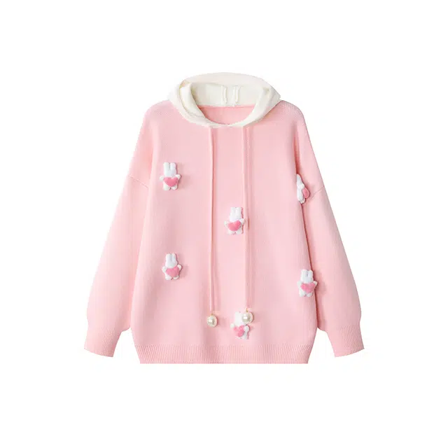 红蜻蜓 连帽拼色兔耳朵宽松套头针织衫 女款