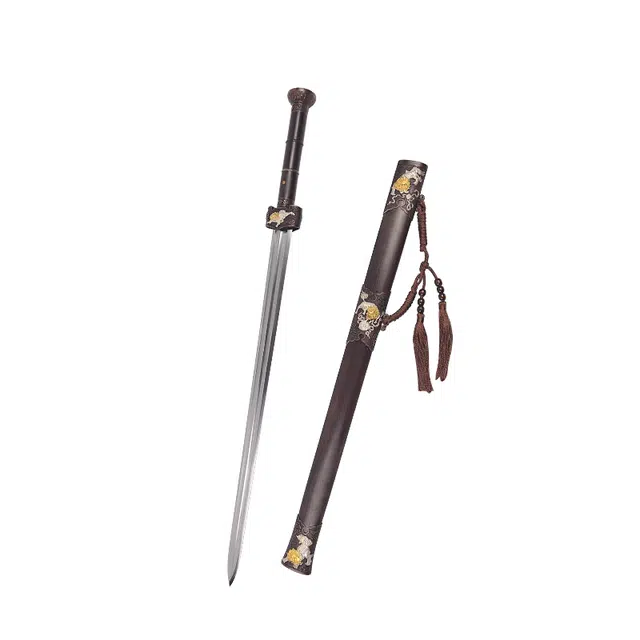 天字号 麒麟战剑 百炼花纹钢刃龙泉刀剑黑檀木鞘黄铜鎏金银装饰收藏未开刃 成品模型