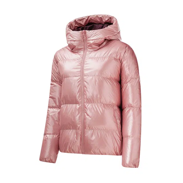鸿星尔克 加厚纯色亮面连帽厚款羽绒服 女款 玫粉