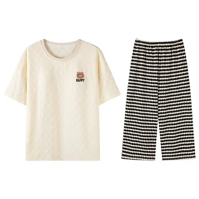 向薇 圆领休闲舒适透气短袖可外穿家居服七分裤睡衣套装 女款 图片色