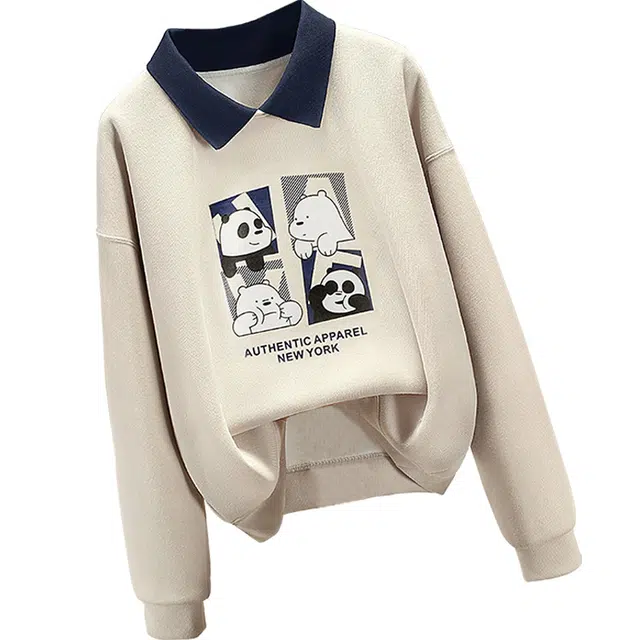 丝柏舍 学院风休闲翻领上衣卡通印花宽松长袖拼接撞色卫衣 女款