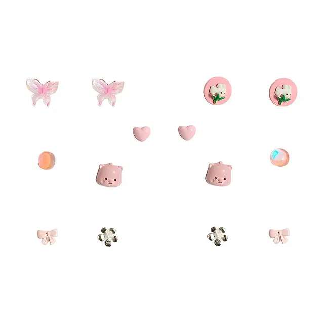 前方大荒野 粉色露比耳饰套装一周不重样日韩潮流萌趣甜美粉系小清新日常百搭精致小巧感 树脂 耳钉 女款