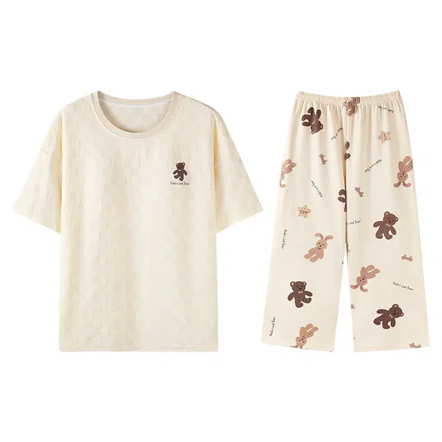 向薇 简约舒适亲肤休闲短袖纯棉可外穿家居服七分裤睡衣套装 女款 图片色