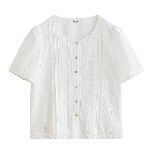 茵曼 法式重工镂空刺绣纯棉花边压褶短袖衬衫 女款 珍珠白