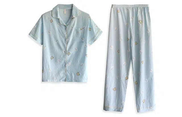 夏芬妍 简约卡通满印圆点小熊翻领云朵棉短袖长裤家居服可爱舒适休闲可外穿睡衣套装 女款 蓝色
