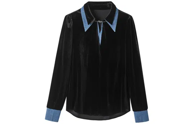 【dme】 时尚牛仔拼接休闲尖领复古丝绒长袖衬衫 女款 黑色