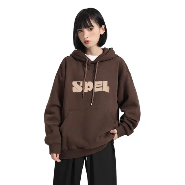 柏黛妃 美式国潮连帽宽松慵懒风长袖卫衣 女款 咖色