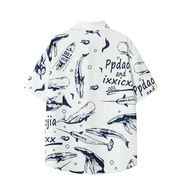 加荣 夏威夷沙滩薄青少年帅气潮流翻领宽松鲸鱼设计小众短袖衬衫 男女同款