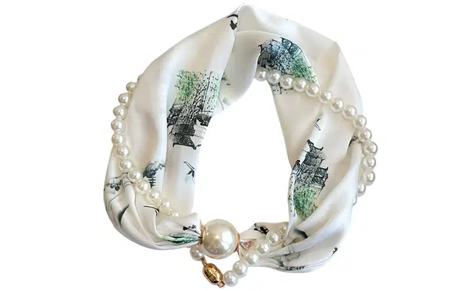 优幽兰 百搭高级感磁吸扣珍珠细窄小长条领巾护颈脖子懒人搭配衬衫薄款围巾礼盒装 丝巾 女款