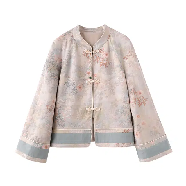花栗鼠小姐 春颂宴 新中式轻国风早春暗纹提花刺绣立领精致盘扣撞色直筒显瘦夹克外套 女款