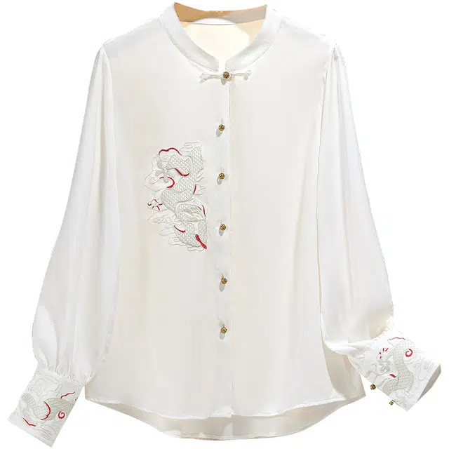 她池 复古刺绣长袖立领宽松衬衫 女款 白色