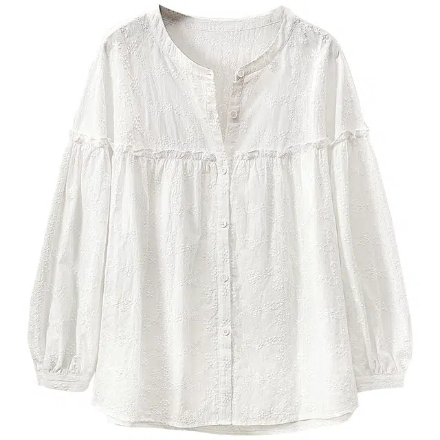 她池 法式优雅木耳边宽松灯笼袖长袖衬衫 女款 白色