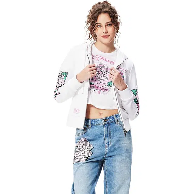 Ed Hardy FW24 Water Print Rhinestone Zip Hoodie White