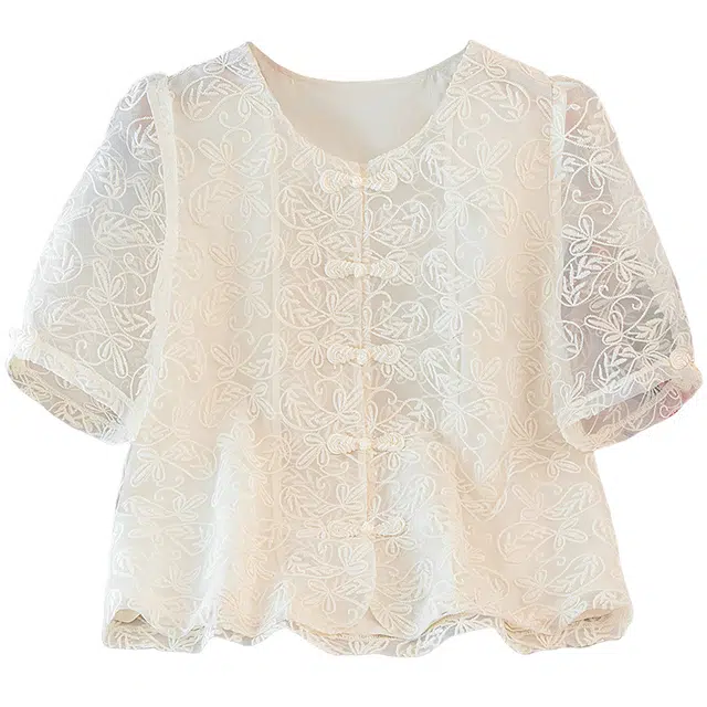 丝柏舍 宽松短款刺绣纯色圆领单排盘扣短袖衬衫 女款 杏色