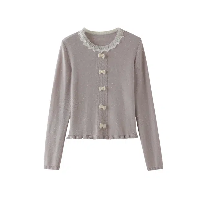 花栗鼠小姐 绵绵雪花酥 韩系甜美学院风圆领设计感蝴蝶结荷叶边微宽松直筒针织衫 女款