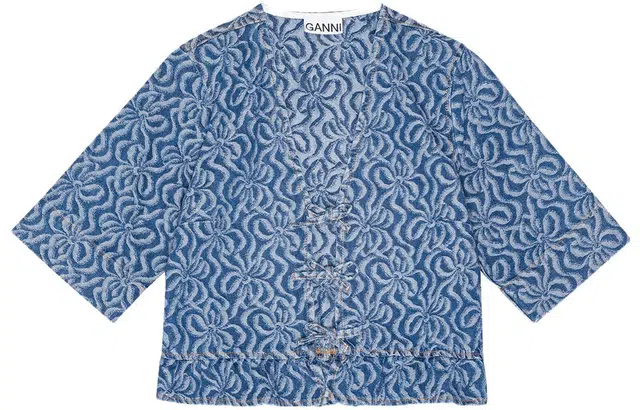 GANNI Acquard Denim Flounce Tie Blouse V