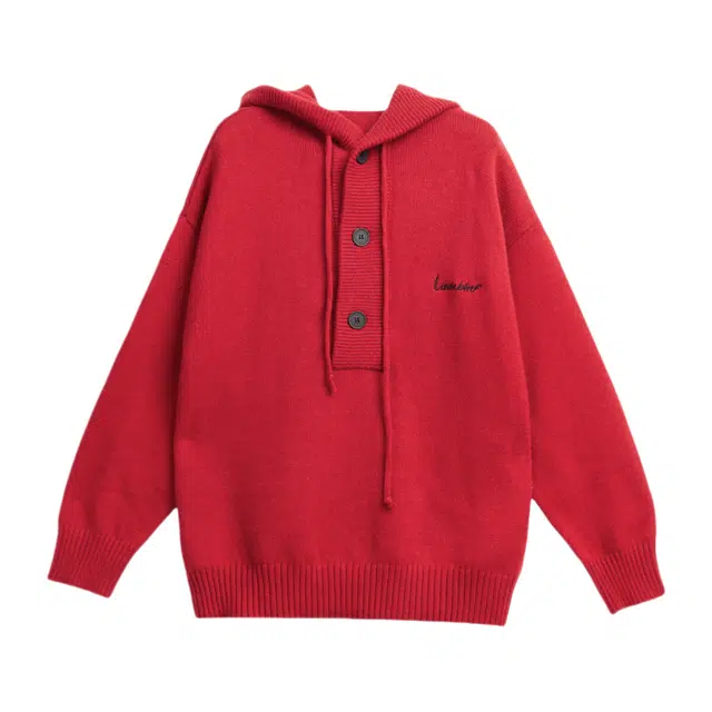 柏黛妃 宽松加厚慵懒风大版软糯抽绳上衣长袖针织衫 女款 红色