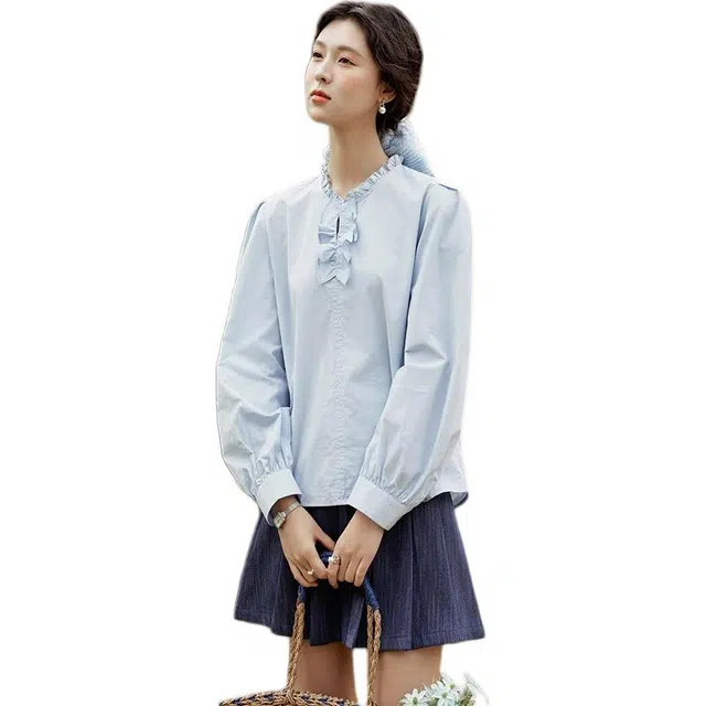 谜秀 高智感通勤纯棉文艺风木耳边日常百搭泡泡袖纯棉小众设计感外穿长袖衬衫 女款 牛奶蓝