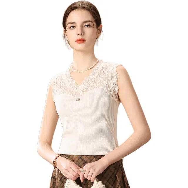 粉红玛琍 时尚休闲纯色舒适无袖百搭打底针织衫 女款 白色