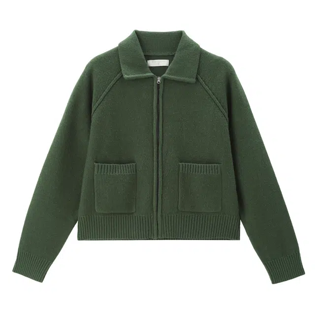 佐丹奴 短款双口袋翻领拉链开衫插肩长袖针织衫 女款