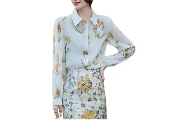 【dme】 印花休闲通勤尖领长袖衬衫 女款 黄色