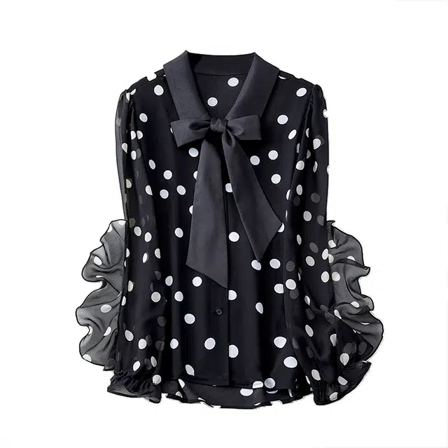 红蜻蜓 法式蝴蝶结翻领设计感气质通勤波点长袖雪纺衫 女款 黑色