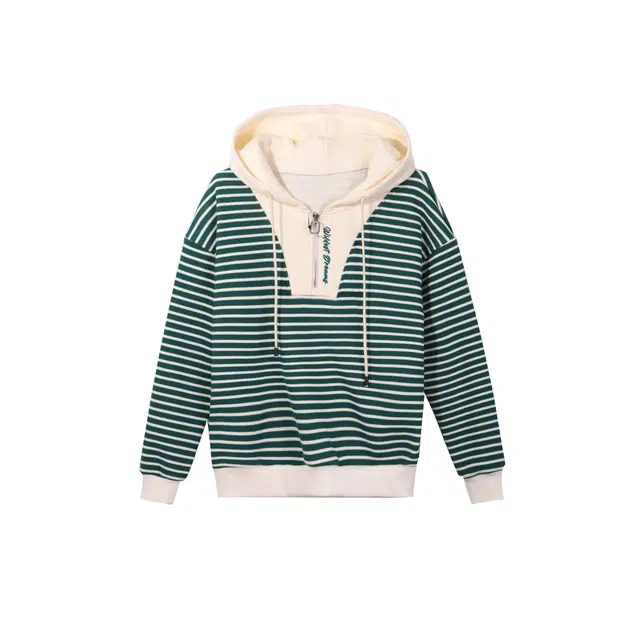 麓蔓蒂 拼色条纹字母刺绣半开襟落肩连帽套头卫衣 女款