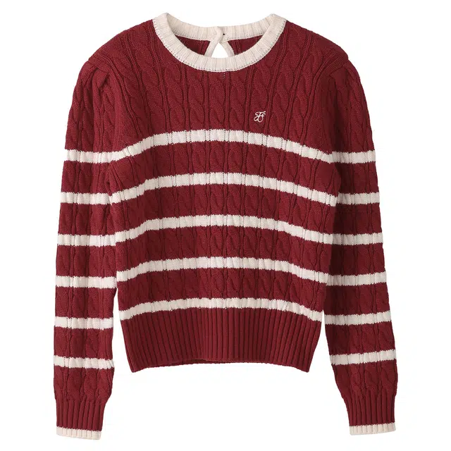 法儿家 条纹氛围感圆领休闲时尚通勤长袖针织衫 女款 红色