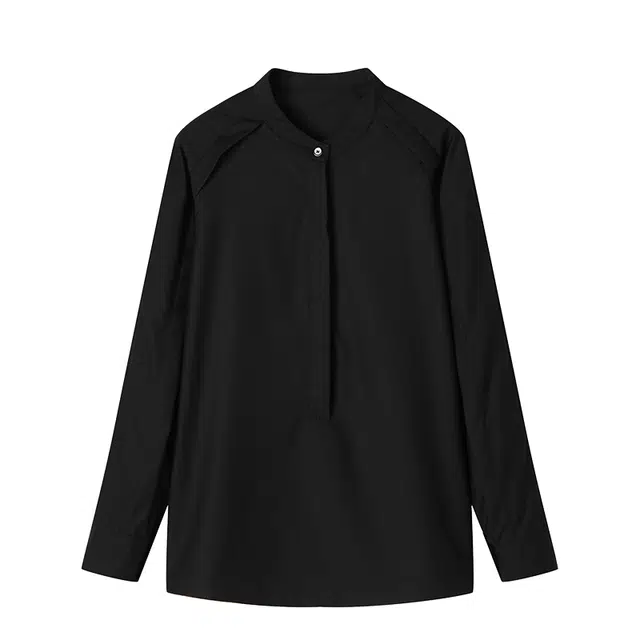 曲韩 立领宽松显瘦上衣设计感通勤百搭长袖春季衬衫 女款 职场黑