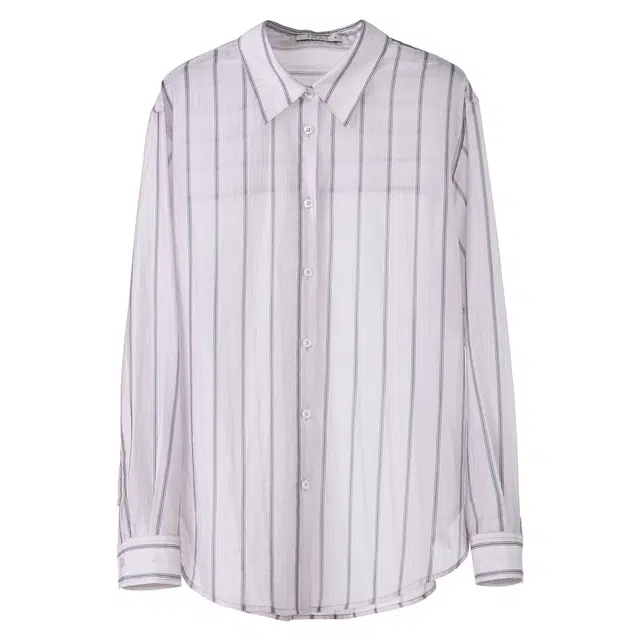 法儿家 甜果苏打早春韩系减龄条纹浅色长袖衬衫 女款