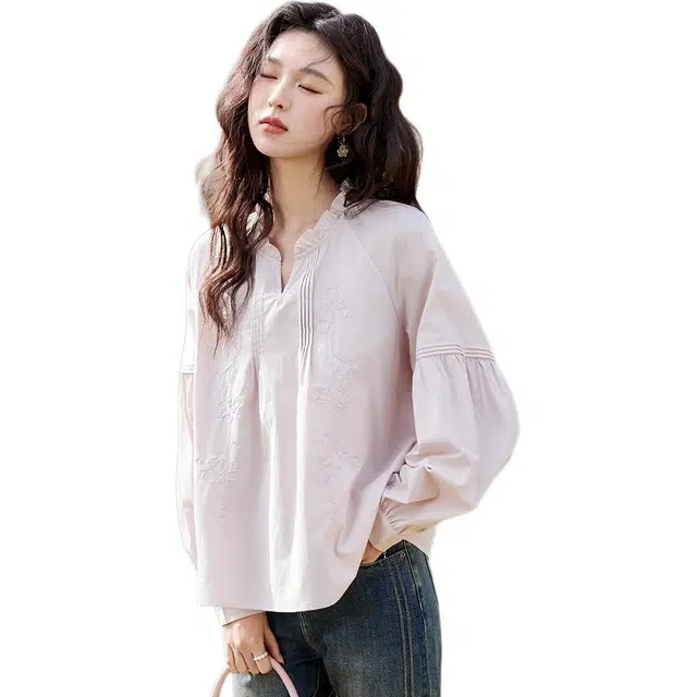 谜秀 刺绣纯棉小衫春鸢尾花提花木耳边小众设计感衬衫 女款 粉紫色